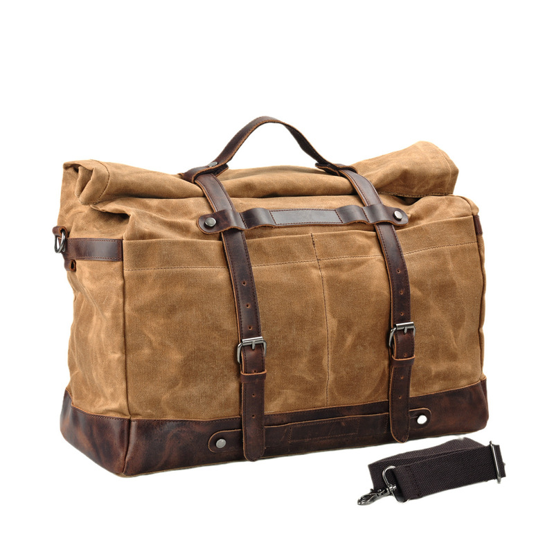 European and American Retro Canvas Large-Capacity Satchel Luggage Bag Waterproof Cowhide Stitching Outdoor Airport Boarding Travel Bag for Men