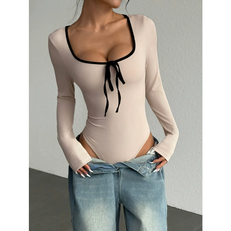 2025 Весна-Лето Независимая Станция Кросс-бордер Комбинезон с Круглым Вырезом, Бантом и Цветными Блоками, Длинный Рукав