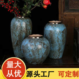 景德镇陶瓷花瓶厂家 复古蓝美式乡村田园风干花插花花盆卧室摆件