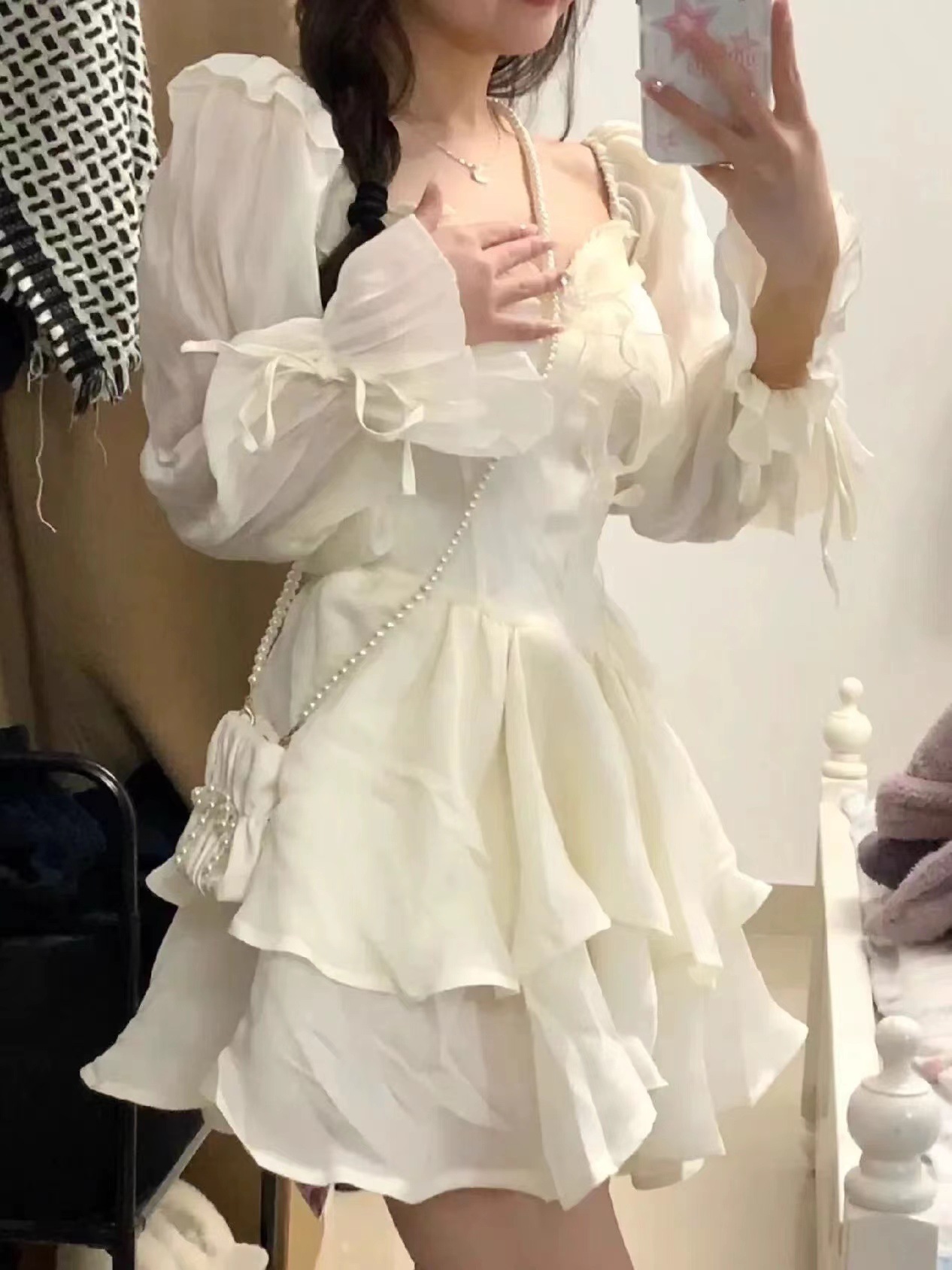 裙2025秋冬新款方领修身显瘦双层蓬蓬裙小个子短裙女