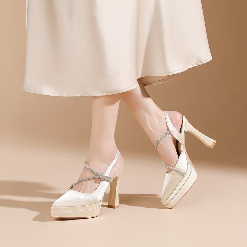 Sandal cao gót nữ mũi nhọn quai ngang đế platform gót 11 cm — Đen - 11cm