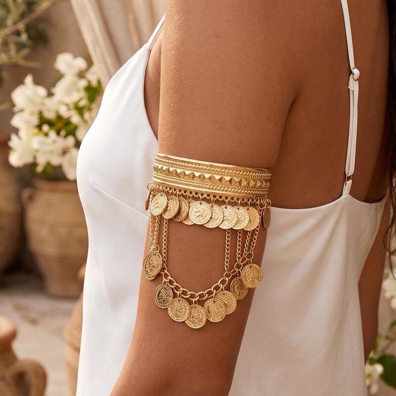 Women's vintage coin tassel arm bracelet, European and American holiday style, light luxury, ins upper arm ring wholesale, cross-border exclusive Women's vintage coin tassel arm bracelet, European and American holiday style, light luxury, ins upper arm ring wholesale, cross-border exclusive