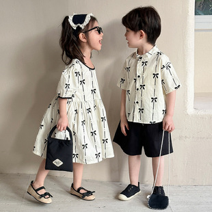 Children's Summer suit Boys Cotton 2025 New Summer Casual Baby's Short-sleeved Girls' dress Brother and Sister Wear