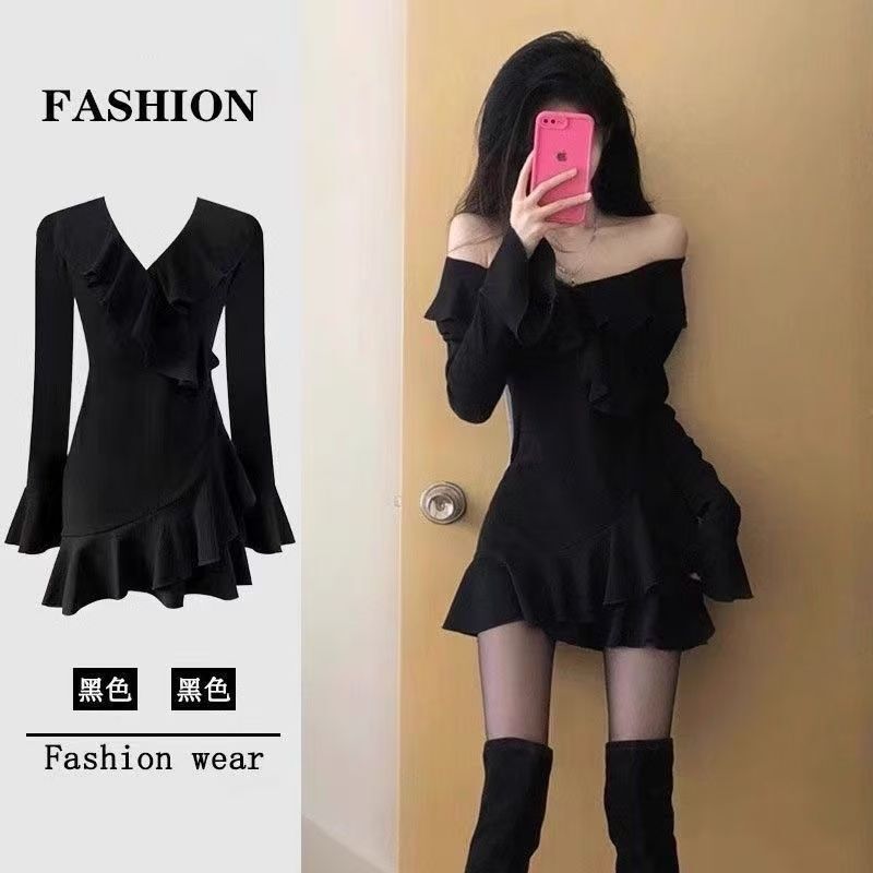 Spring and Autum New Little Black Dress with Ruffled V-Neck and Bell Sleeves Sexy Dress with Pure Lust Elegant and Slim Fit Hip Short