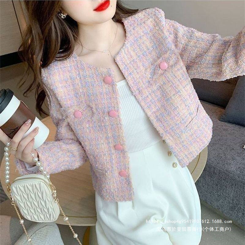New Chanel-style women's jacket, fashionable and sophisticated, short and trendy tweed wool coat for petite women, perfect for spring.