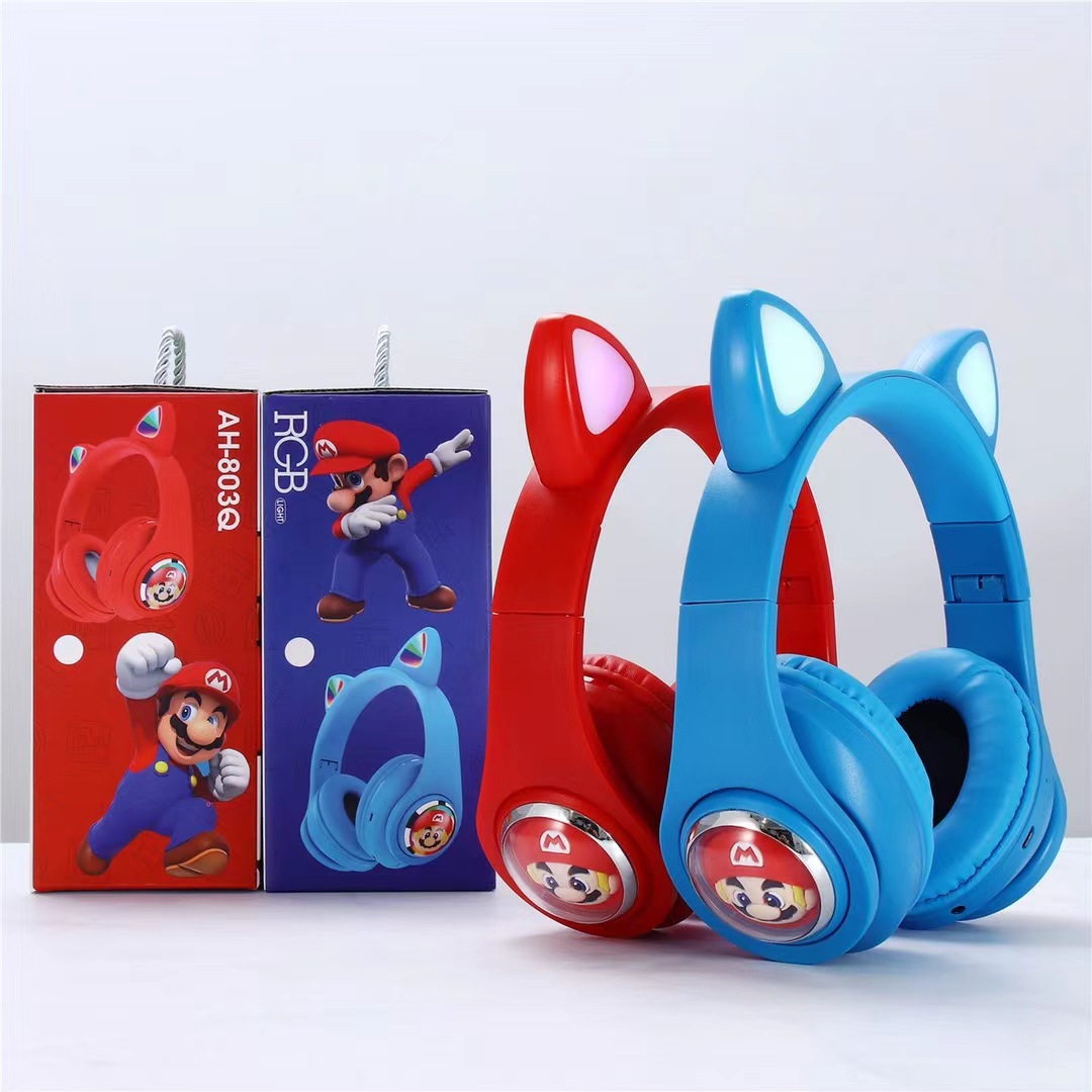 Comercio exterior AH-803Q oídos de gato Mario auriculares Bluetooth inalámbricos auriculares estéreo plegables de dibujos animados image 4