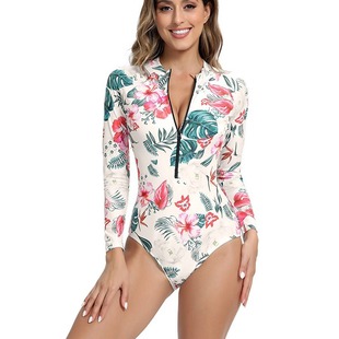 2024 Cross-border Diving Suit Long-sleeved Swimsuit Printed Sexy Zipper Snorkeling Suit Sunscreen European and American Foreign Trade Swimwear