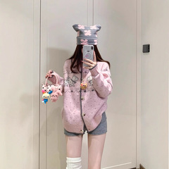 粉色费尔岛毛衣开衫女秋季新款温柔甜美减龄小狗提花针织外套上衣