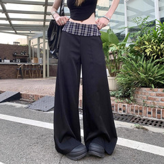 格子撞色拼接休闲西装裤女秋季2025高腰宽松显瘦美式垂感阔腿长裤