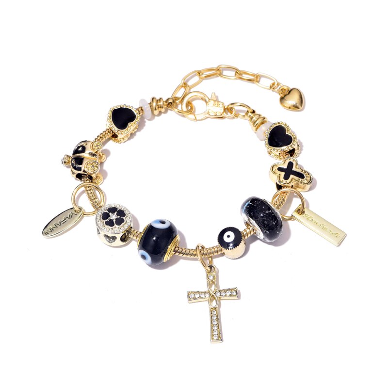 Cross-Border Panjia Dora 2025 New Black Gold Eye Cross Heart Beaded Bracelet Jewelry