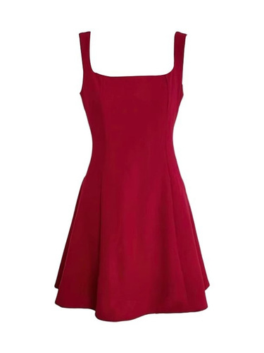 French-style cinched waist halter dress for women, summer red A-line skirt with a sleek, sophisticated design and a high-end vibe.
