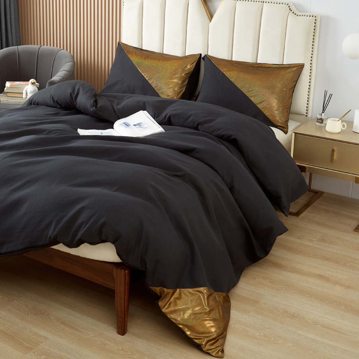 外贸跨境亚马逊新款欧美尺寸家纺床上用品拼接亮片被套枕套套件