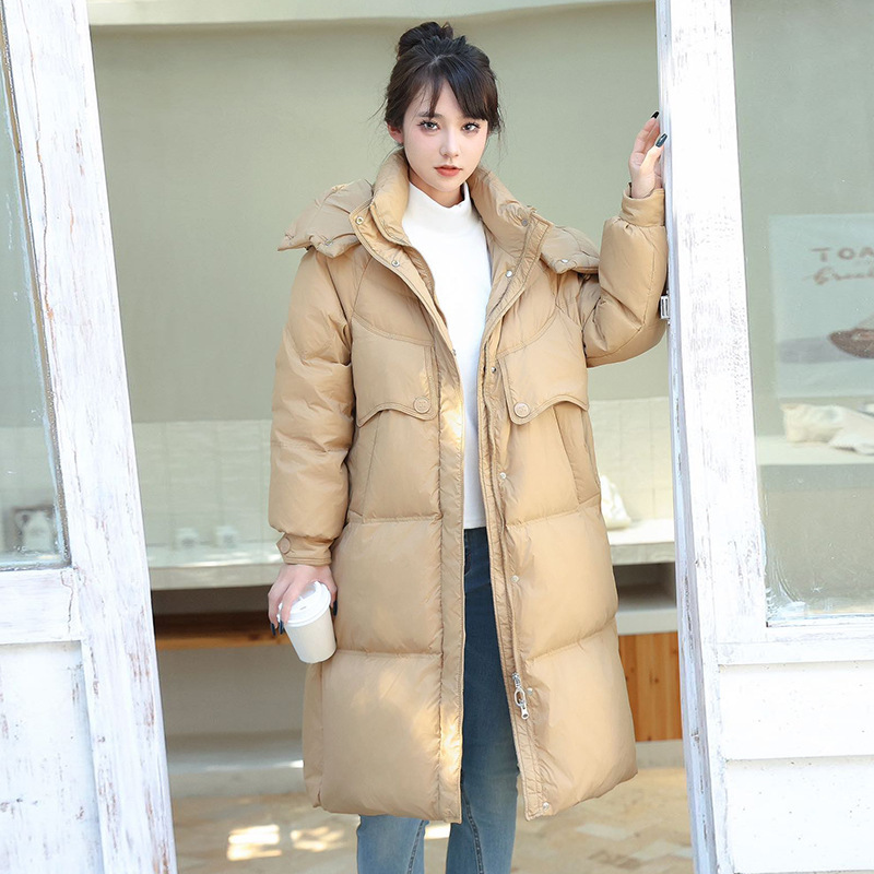 高端鹅绒长款羽绒服女2025冬新款加厚连帽时尚宽松大口袋过膝外套|undefined