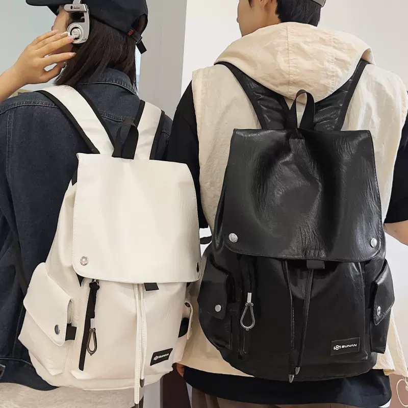 双肩包男2024新款潮牌时尚休闲PU皮旅行背包女大容量电脑学生书包