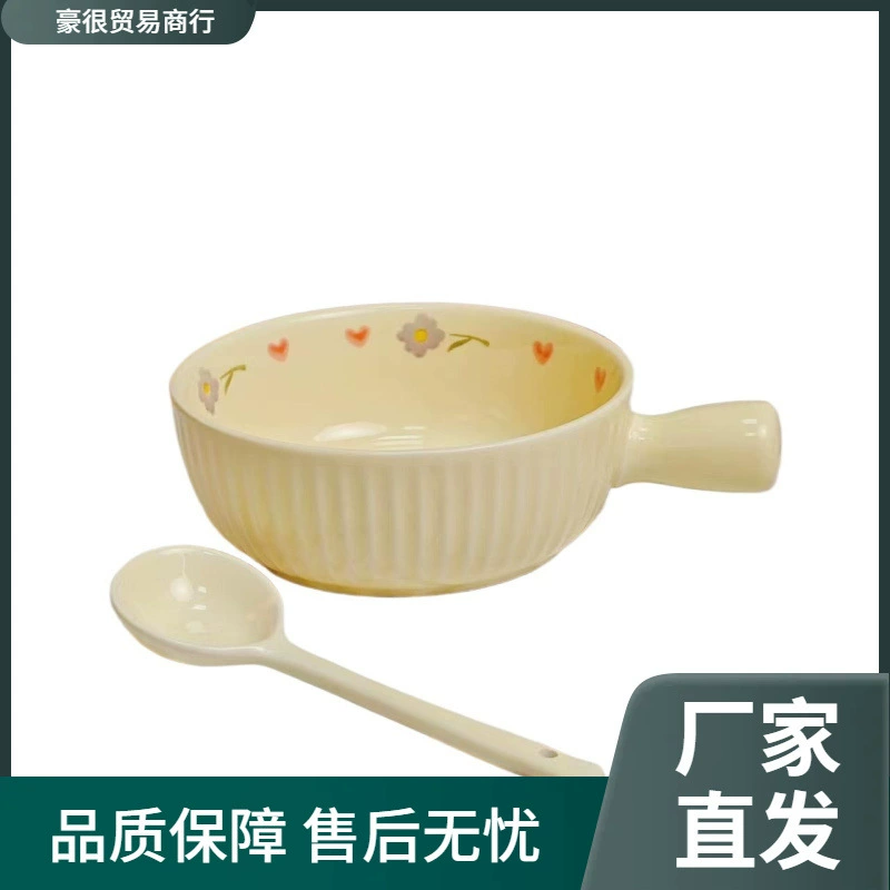 Handle, pen, ceramic tableware, cream cute soup bowl, anti-scald