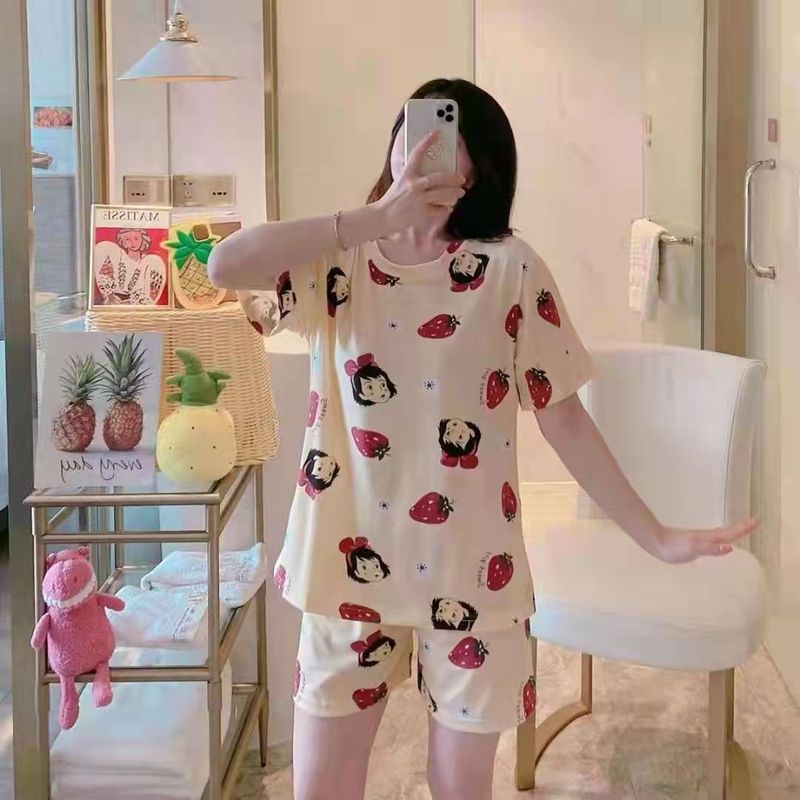 女性用夏の半袖パジャマ、キュートで甘い漫画の半袖プラスサイズのレディースレターガールホームウェア薄手のスーツ|undefined