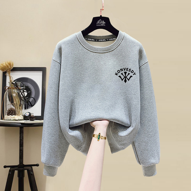 Factory wholesale Hong Kong style sweater women's round neck autumn and winter cotton fleece-lined thick loose age-reducing Western style all-match T-shirt