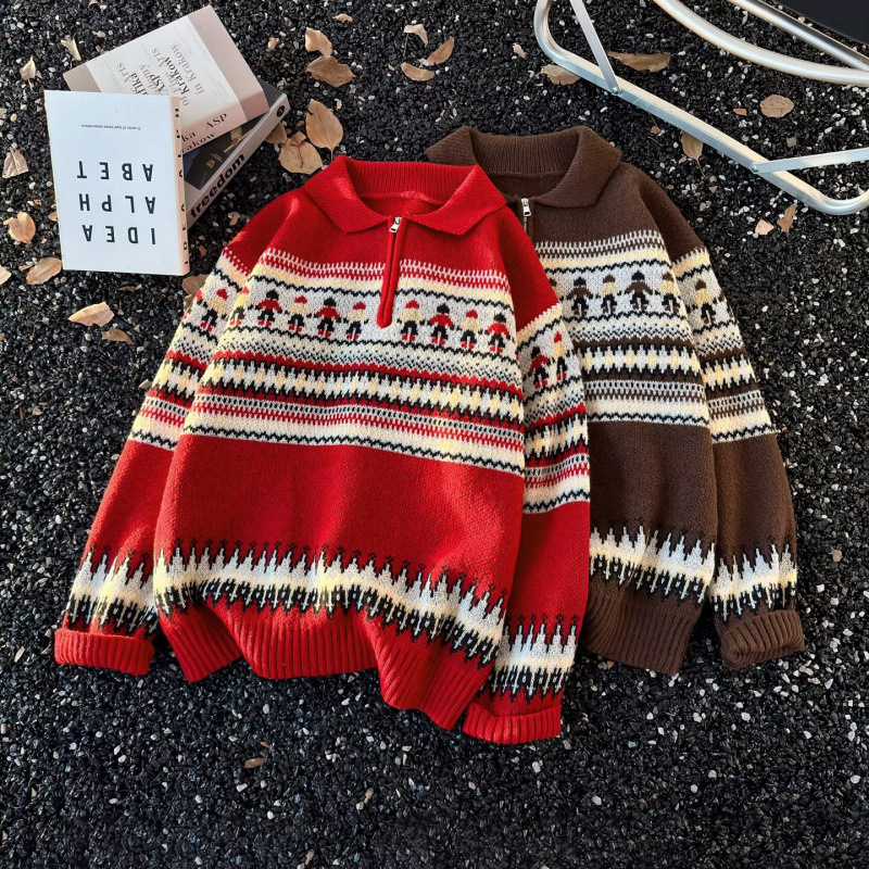Christmas Fair Isle Style Striped Knitwear Men's Spring & Fall New American Retro Loose Half-Zip Knitwear