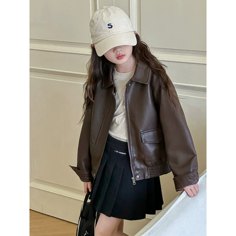 Children's polyurethane fashionable retro jacket, for teenagers, children's clothing