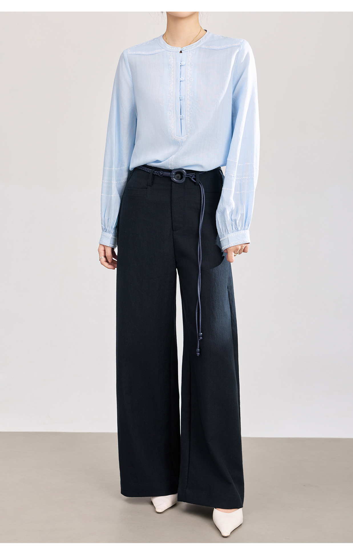 Quần culottes nữ ống rộng chất liệu cotton pha linen mát lạnh — Xanh lông mòng đen chi tiết 23