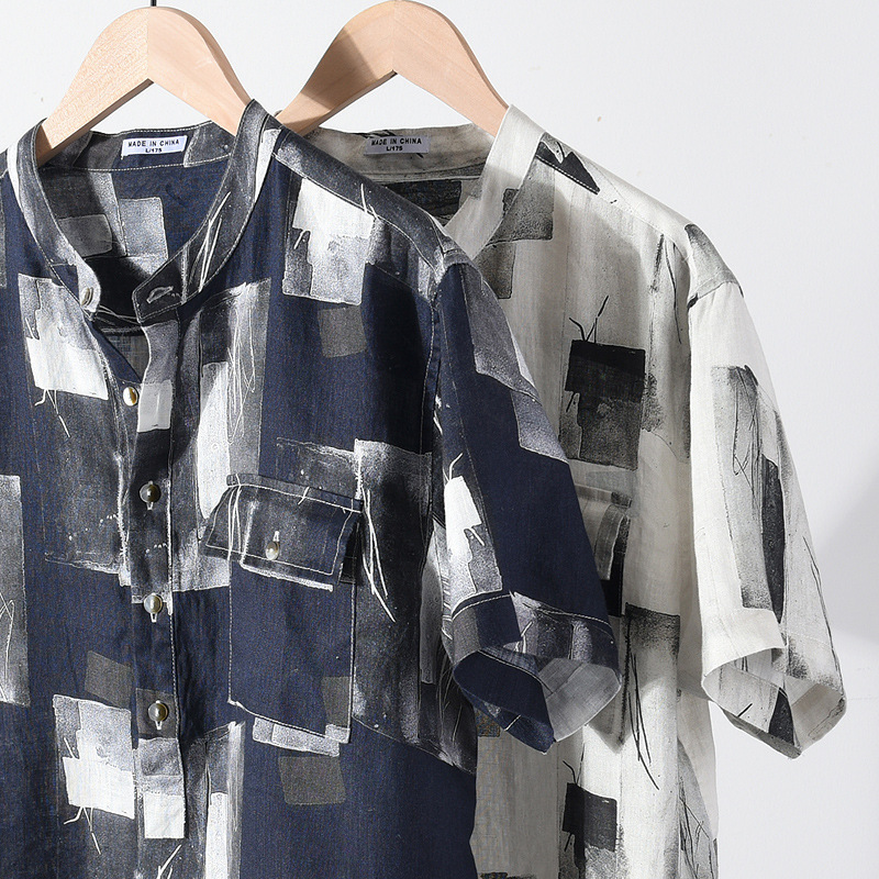 Men's Linen Short Sleeve Shirt Chinese Style Printed Pullover_voghion.com