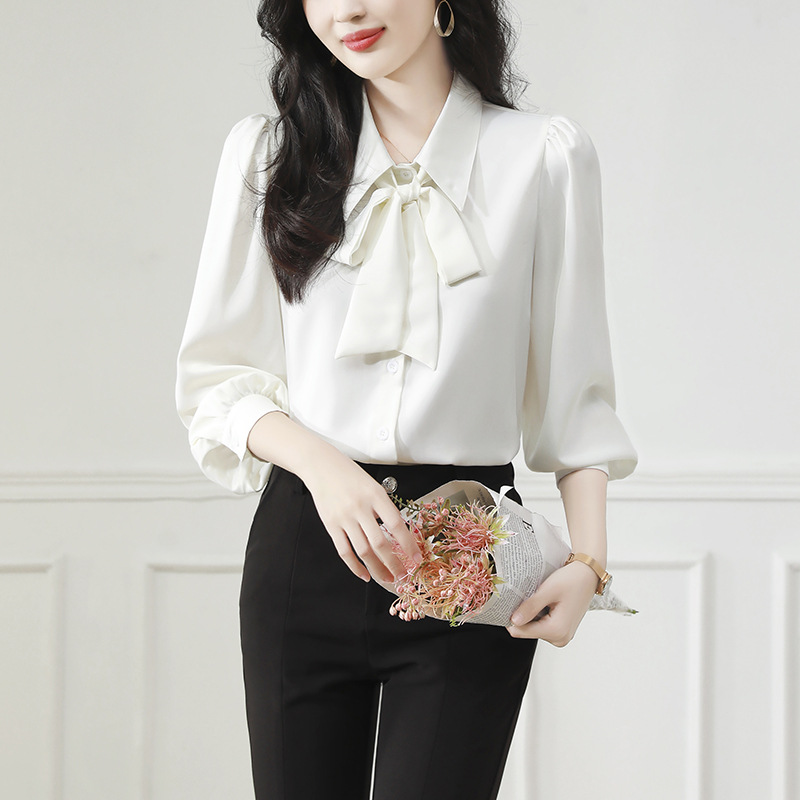 Autumn elegant white professional shirt with bow