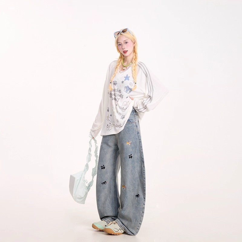 大码女装黑色趣味小狗刺绣直筒牛仔裤女胖mm美式复古显瘦阔腿裤子|undefined
