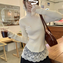 韩系白色半高领蕾丝拼接针织打底衫女秋冬小香风内搭修身毛衣上衣