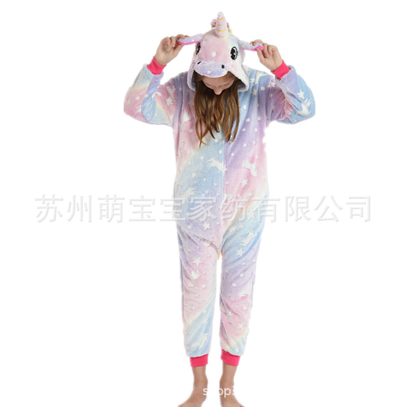 Otoño e Invierno franela de dibujos animados animal pijama de una pieza inodoro noche Gloria colorido Tianma pareja de padres e hijos homewear