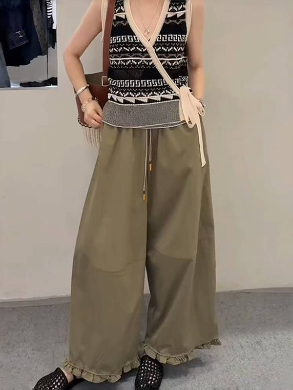 韩版复古时尚显瘦高级阔腿裤女夏款松弛慵懒宽松大摆宽松木耳花边|undefined
