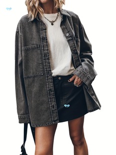 Womens Oversized Jean Jacket Casual Button up Denim Cross-Border