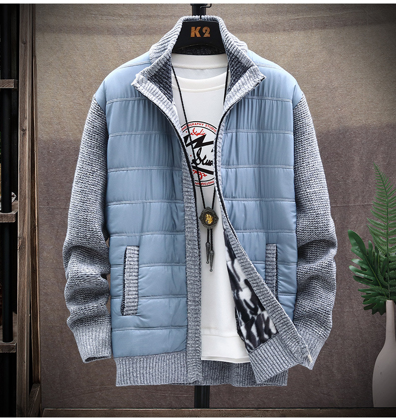 Men's Velvet Patchwork Cardigan Stand-up Collar Jacket Slim Fit_voghion.com