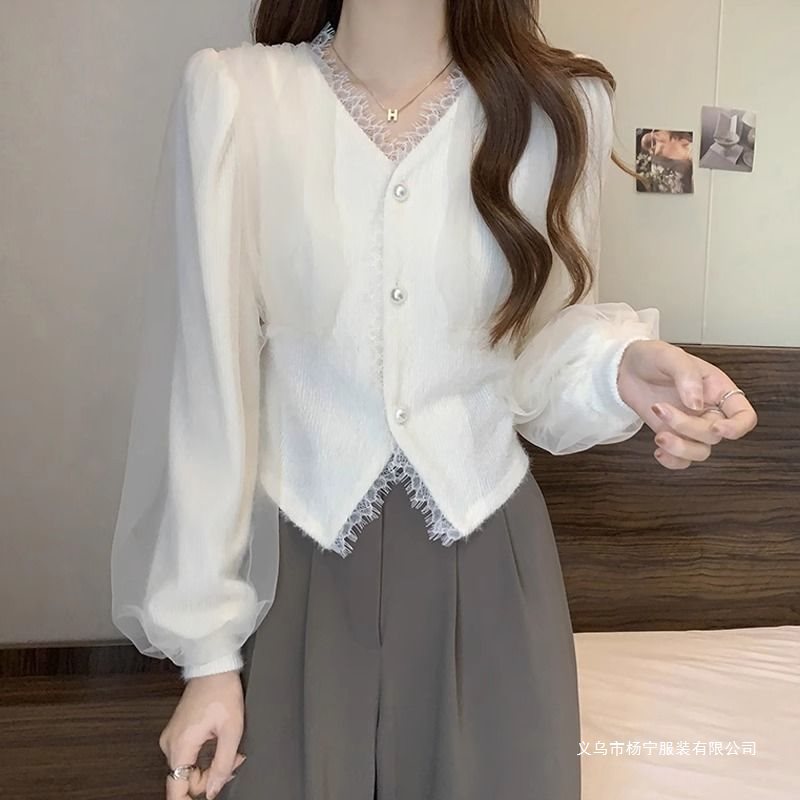 新品感法式网纱长袖衬衫外套女春秋大码胖气质修身显瘦衬衣上衣