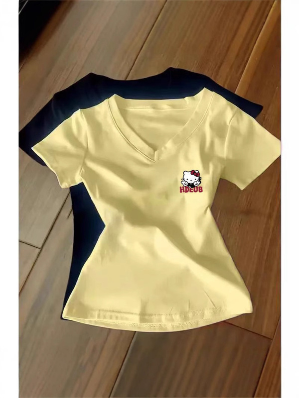 カレッジスタイルドーパミンイエローショルダー半袖レディース夏ウエストデザインkt猫スリムTシャツショートトップ|undefined