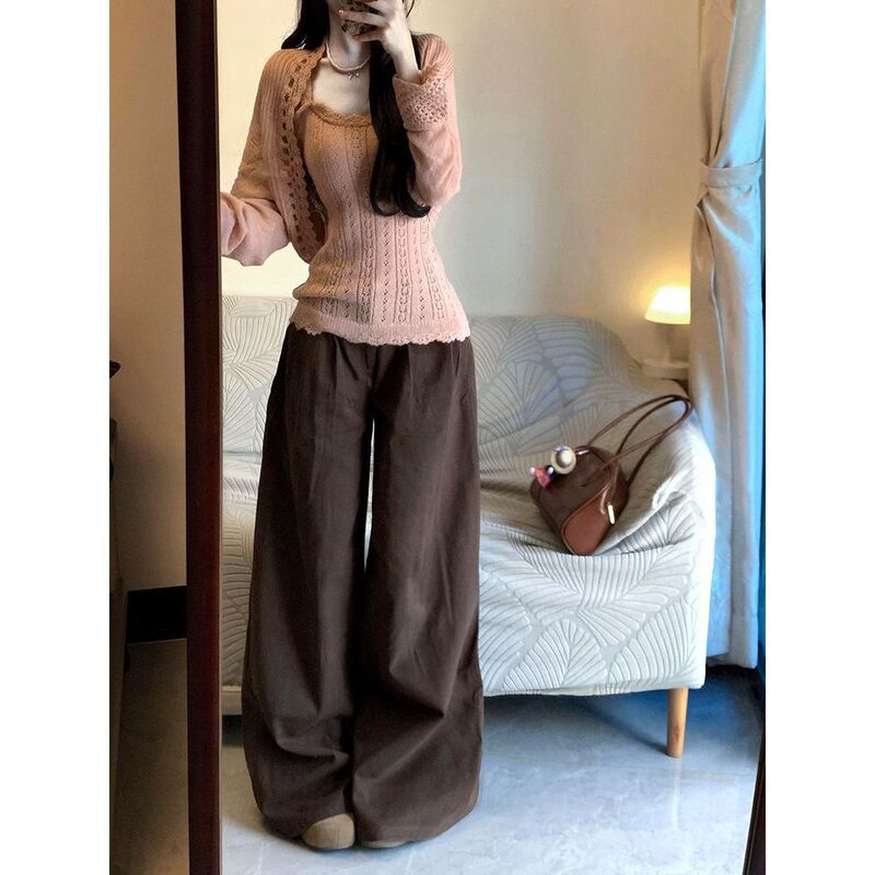 In-Stock Spring Peach Early Spring Vibe Pure Desire Hollow-Out Knit Cardigan Versatile Pants Gentle Set