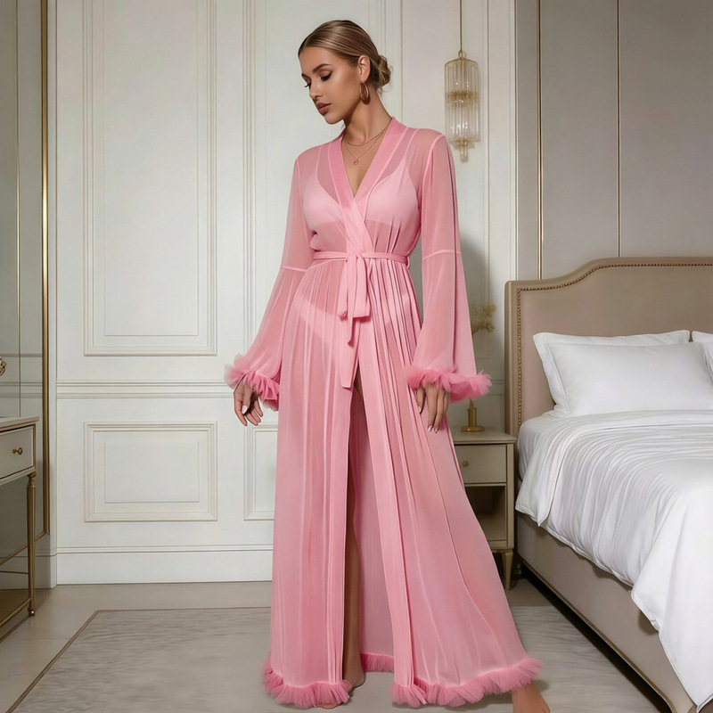 Cross-border 2026 long pajamas, summer sexy lace semi-transparent home wear robe, plus size mesh nightgown for women wholesale