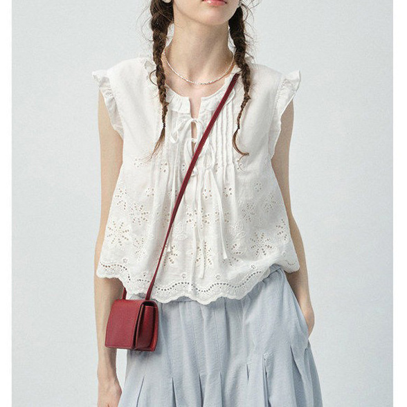 White Shirt Top for Women, Summer 2026 New Style, Holiday Style, Hollow-Out Design, French Embroidery Blouse and Skirt Set