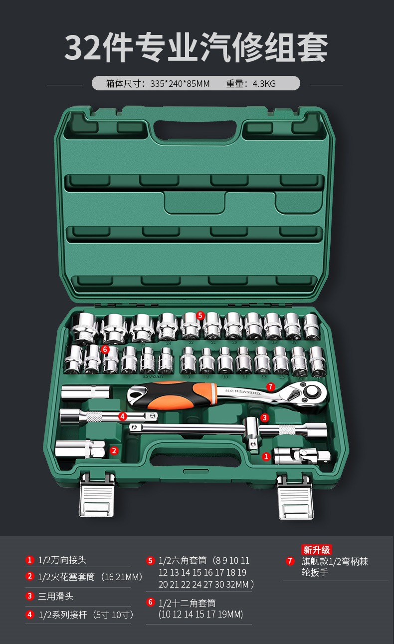 Suitable for Green Forest Auto Repair Tool Set Ratchet Quick Socket Wrench Sleeve Car Repair Motorcycle Maintenance