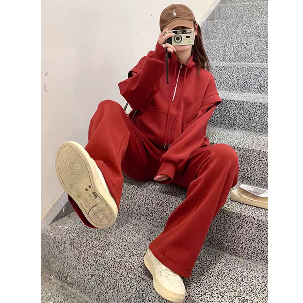 ng2510292 Pure Cotton Red Salt Sweet Style Age-Reducing Slimming Sweatshirt Sports For Women Spring And Autumn Casual Long Pants_ecoleips.com