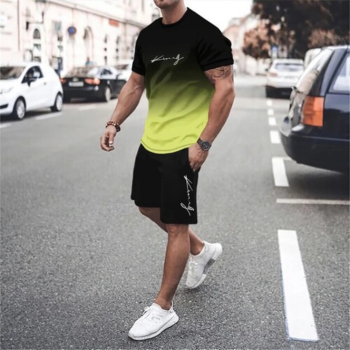 2025 Summer Gradient Color Short Sleeve Shorts Set 3D Digital Printing Simple Letter Gradient T-Shirt Two-Piece Set for Men