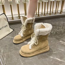 毛毛雪地靴女外穿2025冬新款复古厚底加绒女靴保暖中筒时装靴批发