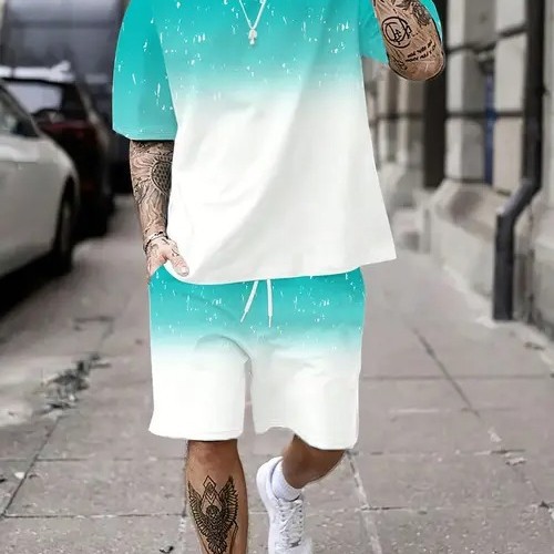Cross-border 2025 nuevo estilo Amazon europeo y americano degradado de color manga corta cuello redondo camiseta pantalones cortos traje ME5 MA04