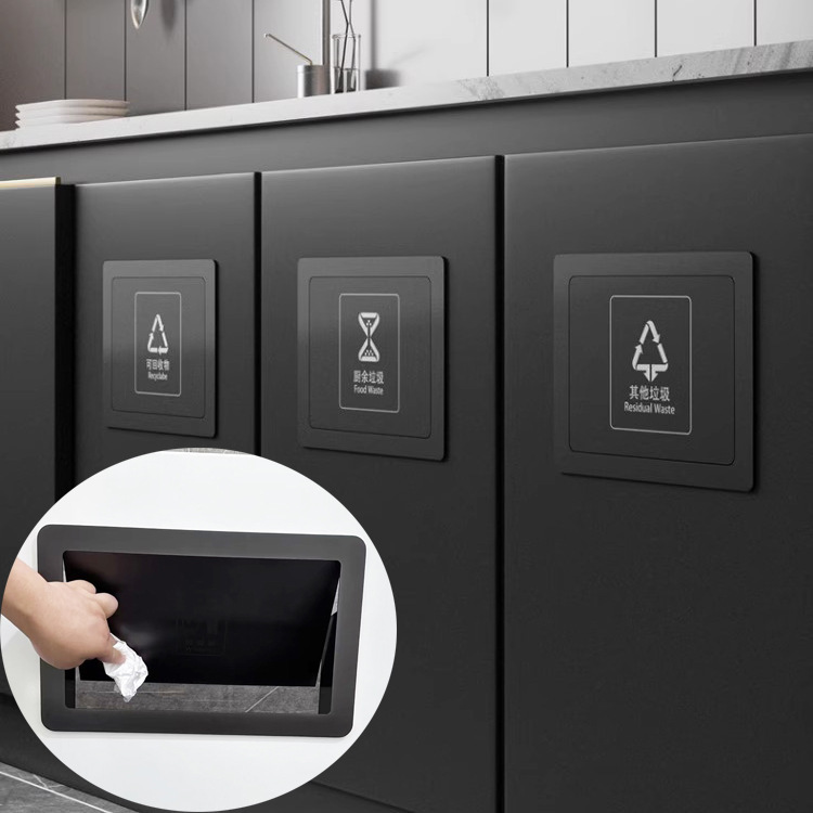 Black 304 Stainless Steel Wall-Mounted Side-Opening Trash Can Lid Cabinet Door Embedded Inner Flip Lid Trash Opening