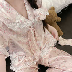 【现货】蕾丝边可爱Kitty猫冰丝睡衣女夏季大码亲肤宽松长裤套装