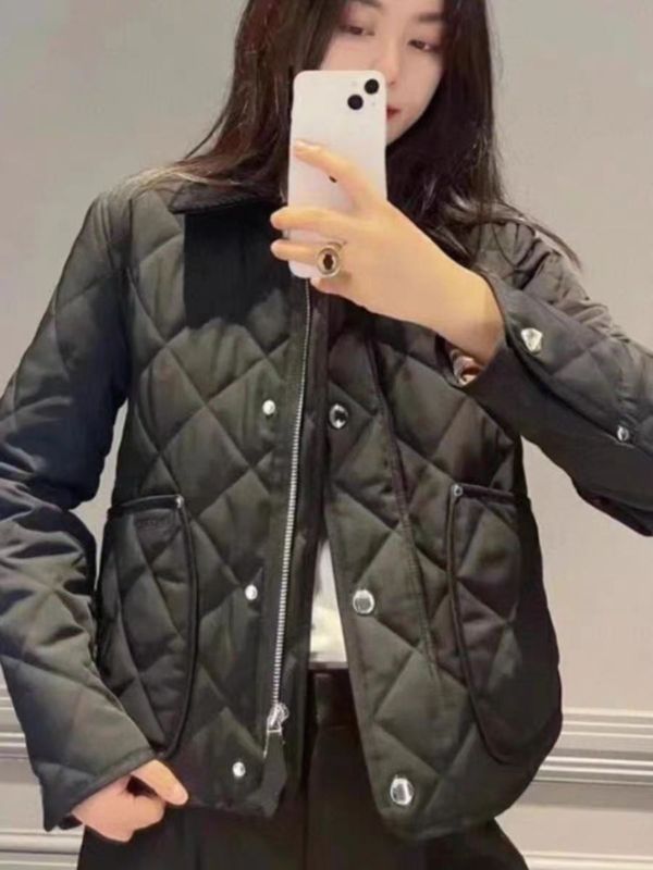 高品质25早秋新款休闲宽松复古灯芯绒拼接领菱格棉服外套小个子女|undefined