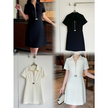 深圳南油夏高品大牌感简约翻领半拉链收腰显瘦通勤短袖A字连衣裙