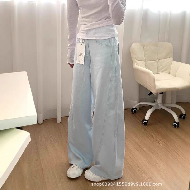 light blue Lazy Wide Leg Jeans Women's Autumn New Design High Waist Loose Slimming Straight Pants