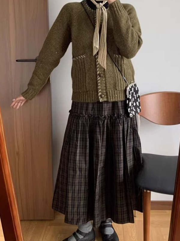 复古格纹拼接分割中长款半身裙女春秋通勤百搭松紧腰a字大摆伞裙|undefined