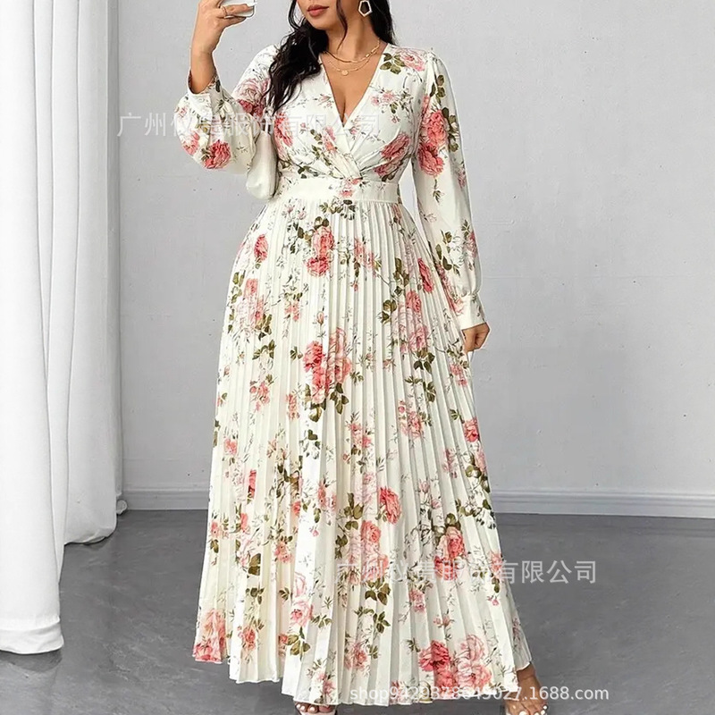 Cross-Border European and American Foreign Trade Plus-Size Elegant Dress, Elegant and Romantic Floral Print Long-Sleeve V-Neck Pleated Flowing Long Dress