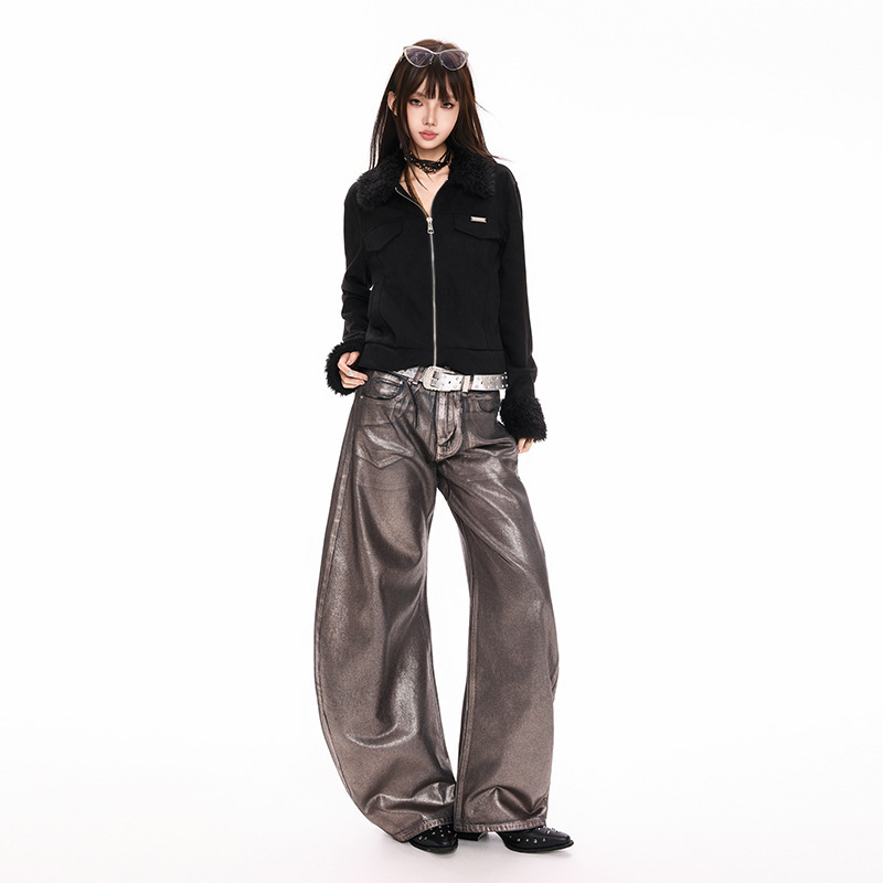Yechuan # American Style Silver-Plated Scimitar Jeans for Women Winter 2025 New Retro High-Waisted Straight Wide-Leg Pants